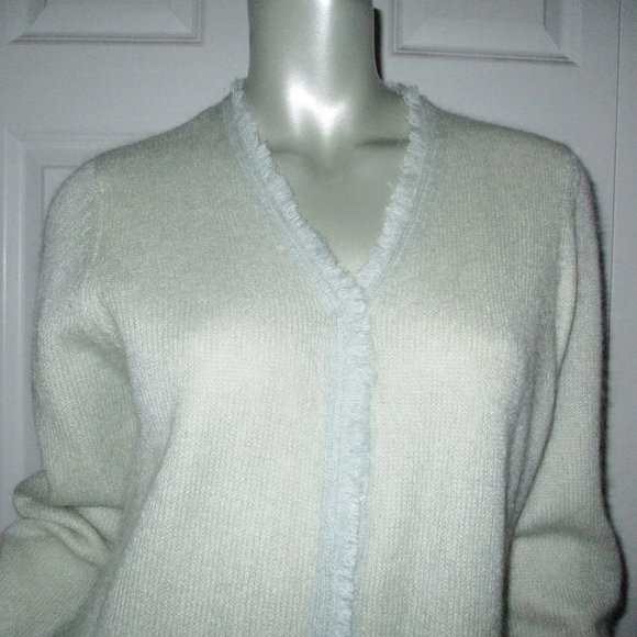 WHITE + WARREN Light Green Mohair Blend Sweater Frayed Details Large - Picture 2 of 8